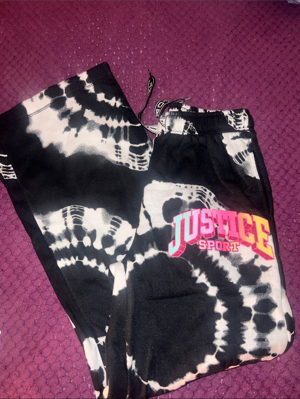 Justice Black & White Tie-Dye Joggers with Neon Logo size M 10